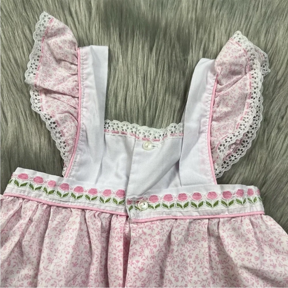Vintage Baby Girls Pink Floral Ruffle Flutter Sleeve Pinafore Dress
